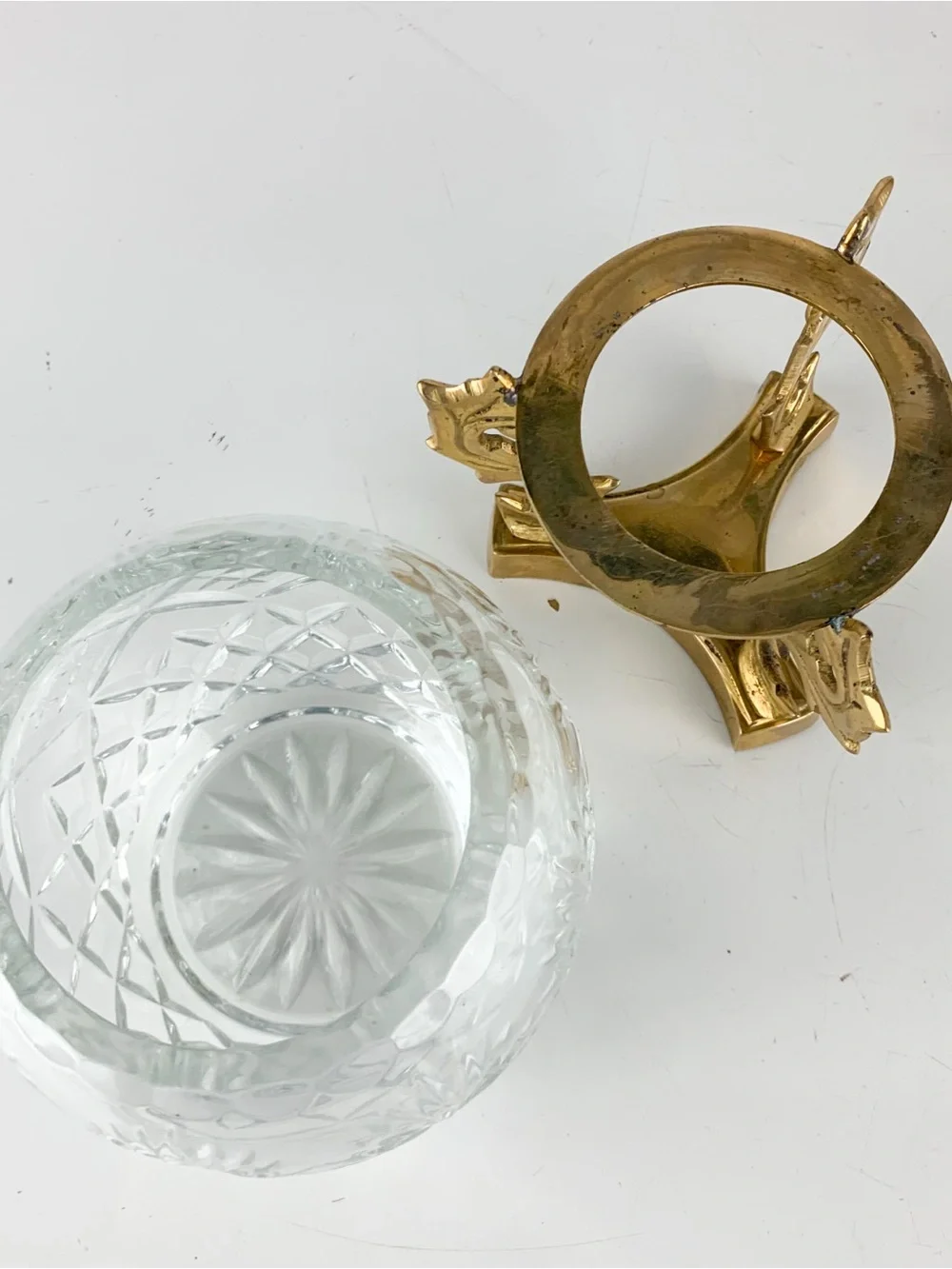 Vintage Cut Crystal Rose Bowl With Ornate Scroll Brass Stand Hollywood Regency